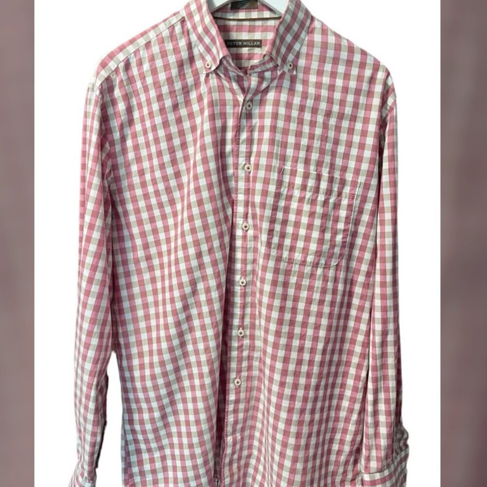 Peter Millar Gingham Pink Brown Plaid Button Up Dress Shirt Men’s size L